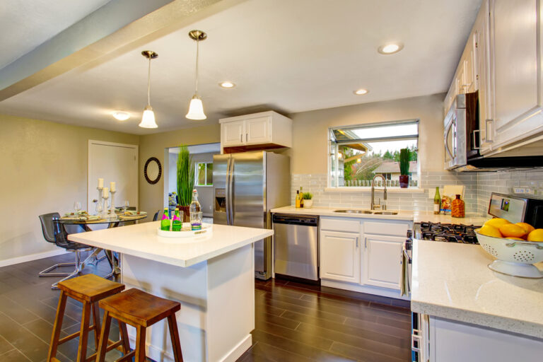 Modern kitchen room interior with white cabinets, stainless steel