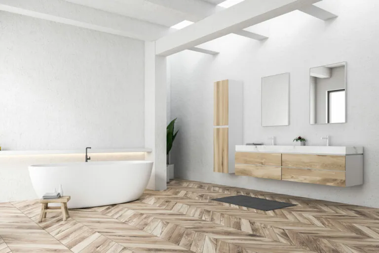 White bathroom corner, tub and sink